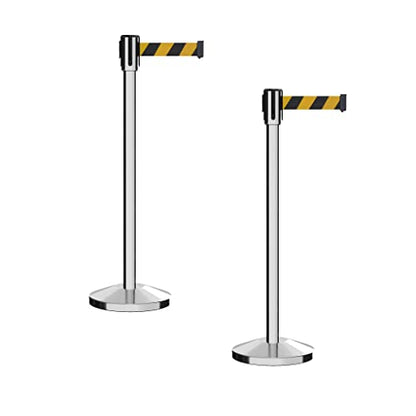 Montour Line M530 Set of 2 Retractable Belt Barrier Stanchion, Sloped Base, Polished Stainless Steel Post (7.5 ft Black & Yellow Diagonal Belt) - color: Black & Yellow Diagonal, size: 7.5 ft