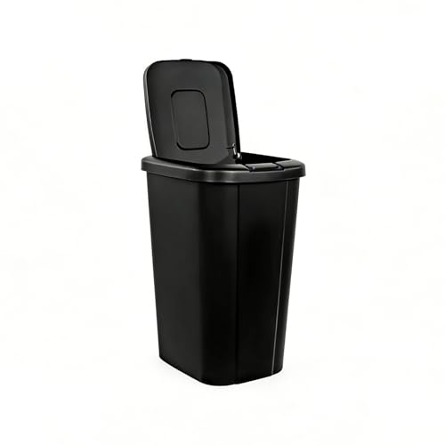 13.3 Gallon Trash Can, Touch Top Push Button Lid, Black Durable Plastic