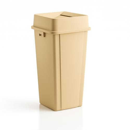 1 Pack Beige 25 Gallon Square Commercial Trash Can with Lid, Heavy Duty Plastic Waste Bin with Venting Channels and Built-in Handles - color: Beige, size: 25 Gallon
