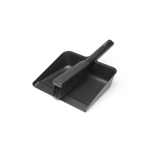 Brabantia Dustpan and Brush Set - Dark Gray | Dust Pan and Brush with Comb | Click-Together Storage | Effective Sweep Up | Space-Saving Cleaning Tool | Hand Brush & Pan | 13 x 3.5 x 9.4 in