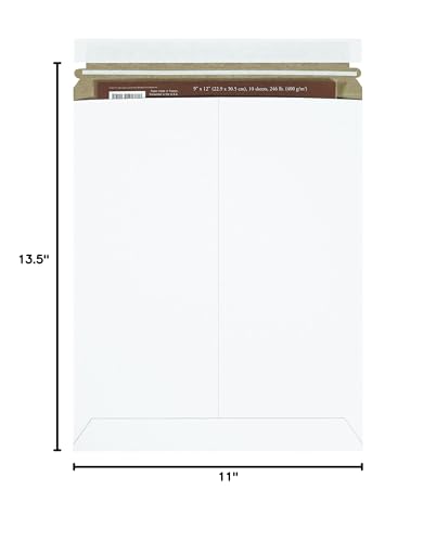 BOX USA 11 x 13 1/2" Stayflats Brand Rigid Flat Mailers, White (Pack of 25) Photo Document Mailers, Peel & Seal Closure, Tear Strip Easy Opening.