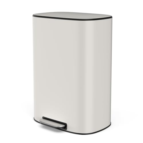 White 13 Gallon Stainless Steel Foot Pedal Large Trash Can with Soft Close Quiet Lid, Stainless Steel Thickened Body Oval Garbage Can with 30 Garbage Bags for Kitchen, Commercial, Home, Office - color: White