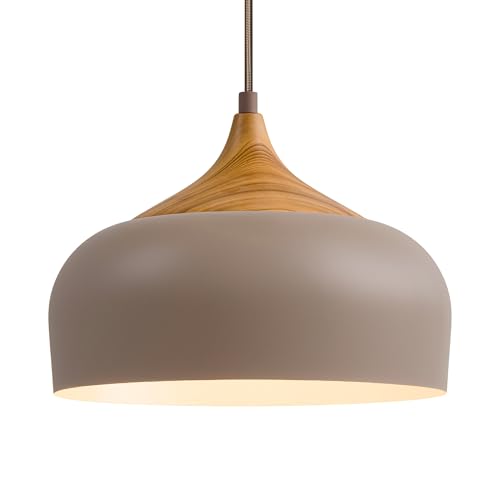 ELYONA 12" Japandi Pendant Light, Farmhouse Pendant Light Fixture with Faux Pine Wood Grain Metal Shade, Adjustable Hanging Light for Kitchen Island Dining Room Bedroom Sloped Ceiling, Caramel Brown - color: Caramel Brown