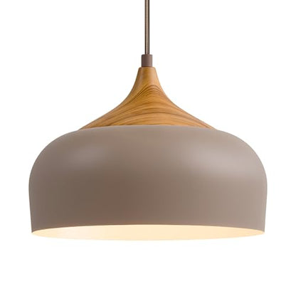ELYONA 12" Japandi Pendant Light, Farmhouse Pendant Light Fixture with Faux Pine Wood Grain Metal Shade, Adjustable Hanging Light for Kitchen Island Dining Room Bedroom Sloped Ceiling, Caramel Brown - color: Caramel Brown