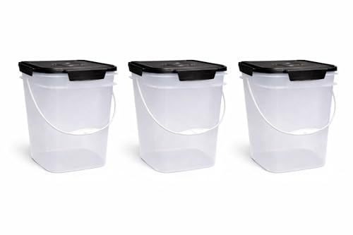 House Naturals 4 Gallon Square Food Grade Bucket Pail with Plastic Handles and Lid (Pack of 3) (Clear - Black lids) - color: Clear - Black Lids