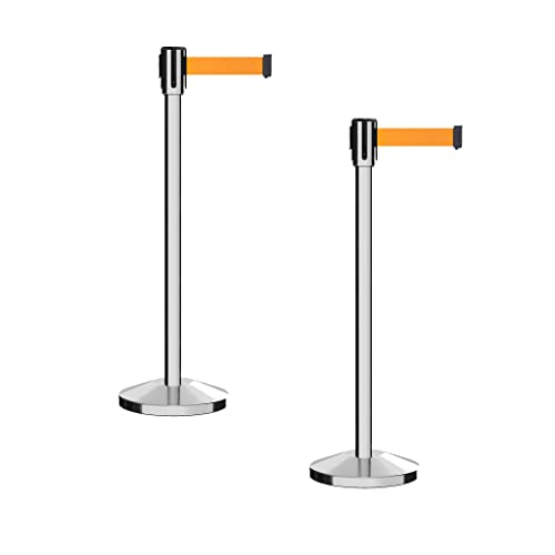 Montour Line M530 Set of 2 Retractable Belt Barrier Stanchion, Sloped Base, Polished Stainless Steel Post (7.5 ft Fluorescent Orange Belt) - color: Fluorescent Orange, size: 7.5 ft