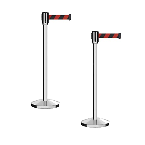 Montour Line M530 Set of 2 Retractable Belt Barrier Stanchion, Sloped Base, Polished Stainless Steel Post (7.5 ft Black and Red Diagonal Belt) - color: Black and Red Diagonal, size: 7.5 ft