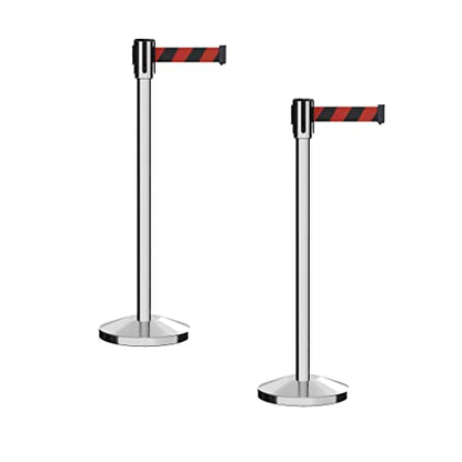Montour Line M530 Set of 2 Retractable Belt Barrier Stanchion, Sloped Base, Polished Stainless Steel Post (7.5 ft Black and Red Diagonal Belt) - color: Black and Red Diagonal, size: 7.5 ft
