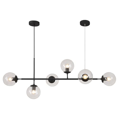 KCO 6-Light Black Linear Sputnik Chandelier Clear Glass Globe Pendant Light - color: Black+Clear