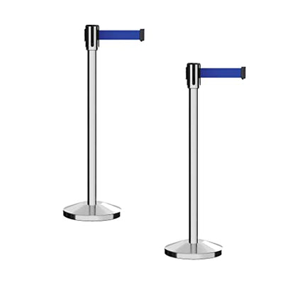 Montour Line M530 Set of 2 Retractable Belt Barrier Stanchion, Sloped Base, Polished Stainless Steel Post (7.5 ft Dark Blue Belt) - color: Dark Blue, size: 7.5 ft