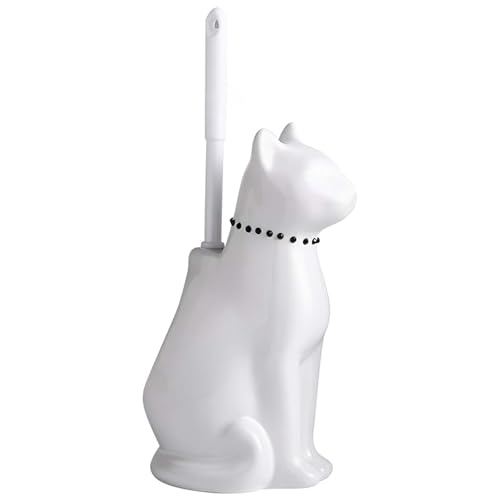 Cat Toilet Brush Holder - Ceramic Whimsical Feline Design with Wide-Mouth Storage, Black Toilet Bowl Brush and Holder Set Cute for Bathroom Ground, Easy-Clean Cat Lover Gift (White)