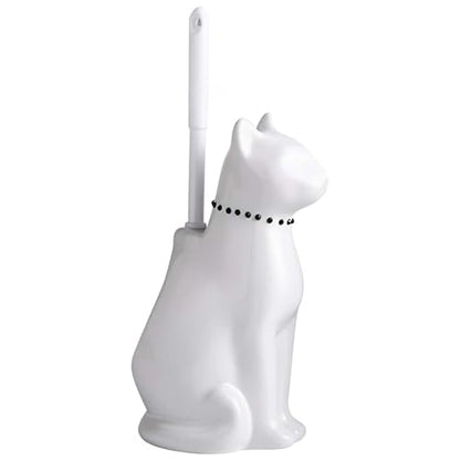 Cat Toilet Brush Holder - Ceramic Whimsical Feline Design with Wide-Mouth Storage, Black Toilet Bowl Brush and Holder Set Cute for Bathroom Ground, Easy-Clean Cat Lover Gift (White)