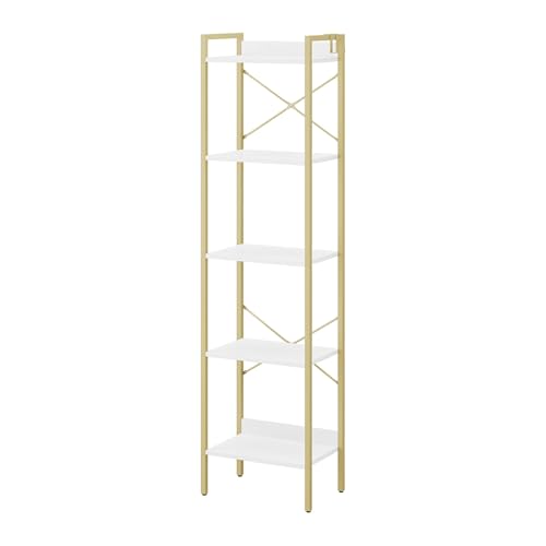 Hzuaneri Bookshelf, Book Shelf, Industrial Bookcase with 2 Hooks - color: White Gold, size: 9.4"D x 15.7"W x 63"H