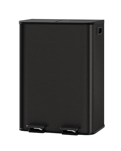 Large Stainless Steel Dual Compartment Recycling Trash Can 2*30 l/16 Gal Recycle Bins with Lid Waste Bin with Removable Buckets, Bathroom,Kitchen Garbage Can Rectangle Garbage Bin,Black - color: black, size: 2*30L
