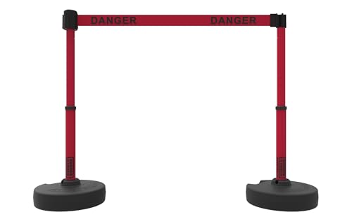 Banner Stakes Crowd Control Plus 15' Retractable Belt Barrier Stanchion Set X1 - Red Double-Sided "Danger" Banner, 22"-42" Plastic Telescoping Post, Water/Sand Fillable Base (PL4164)