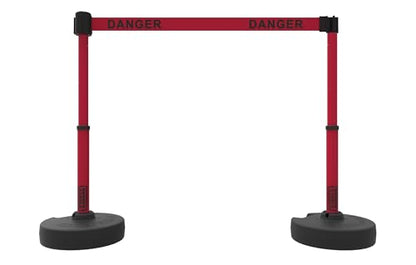 Banner Stakes Crowd Control Plus 15' Retractable Belt Barrier Stanchion Set X1 - Red Double-Sided "Danger" Banner, 22"-42" Plastic Telescoping Post, Water/Sand Fillable Base (PL4164)