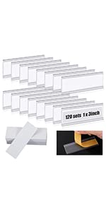 120 Set Shelf Labels, 3 x 1in Adhesive Label Holders with White Paper Tags