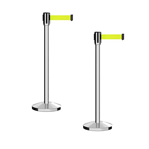 Montour Line M530 Set of 2 Retractable Belt Barrier Stanchion, Sloped Base, Polished Stainless Steel Post (7.5 ft Fluorescent Yellow Belt) - color: Fluorescent Yellow, size: 7.5 ft
