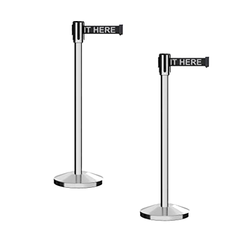 Montour Line M530 Set of 2 Retractable Belt Barrier Stanchion, Sloped Base, Polished Stainless Steel Post (7.5 ft Black with"Please Wait HERE" White Letters Belt) - color: Black with "PLEASE WAIT HERE" White Letters, size: 7.5 ft