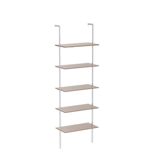 Karl home Oak 5 Tier Wall Mount Ladder Shelf, Metal Frame Open Bookcase - color: Oak