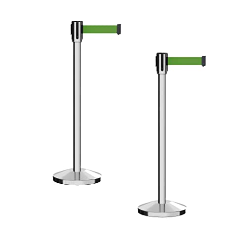 Montour Line M530 Set of 2 Retractable Belt Barrier Stanchion, Sloped Base, Polished Stainless Steel Post (7.5 ft Green Belt) - color: Green, size: 7.5 ft