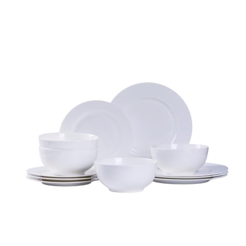 Bone China Dinnerware Set for 4, 12 Pcs Plates and Bowls, Pure White - color: Ivory