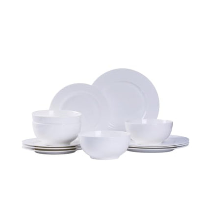 Bone China Dinnerware Set for 4, 12 Pcs Plates and Bowls, Pure White - color: Ivory