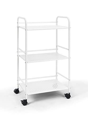 SunnyPoint 3-Tier Rolling Utility Cart – Metal Storage Organizer with Wheels, Mobile Kitchen Cart, Office & Home Organizer, White, 12" D x 16.92" W x 31.1" H - color: Wht