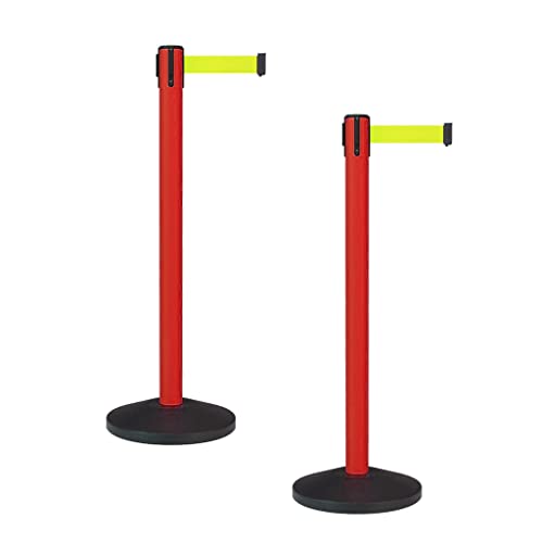 Montour Line MS630 Set of 2 Retractable Belt Barrier Stanchion, Sloped Base, Red Post (7.5 ft Fluorescent Yellow Belt) - color: Fluorescent Yellow, size: 7.5 ft