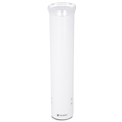 San Jamar Small Pull-Type Cup Dispenser Fits 3-4.5 Oz Cone Cups, 3-5 Oz Flat Cups with Flip Caps for Restaurants, Dining Halls, and Fast Food, Plastic, 16 Inches, White