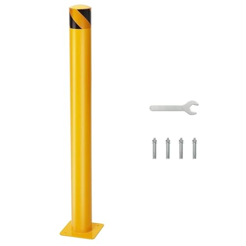 48 Inch Height Heavy Duty Safety Bollard Post, 4.5 Inch Diameter Steel Parking Bollard Post, High Visibility Yellow Powder Coated with Base & Anchor Bolts for Traffic Control, Driveway Barrier - size: 48 Inch