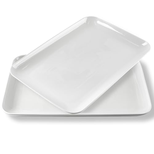 DELLING 18 Inch Large Serving Platter Set of 2, White Porcelain Serving Trays 18" x 12.3", Rectangular Platters for Turkey Fruit Appetizer Party, Oven Microwave Dishwasher Safe, Wedding Entertaining - color: White, size: 18 inch