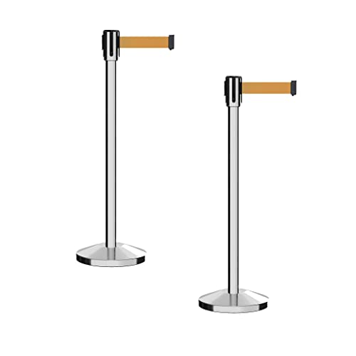 Montour Line M530 Set of 2 Retractable Belt Barrier Stanchion, Sloped Base, Polished Stainless Steel Post (7.5 ft Brown Belt) - color: Brown, size: 7.5 ft