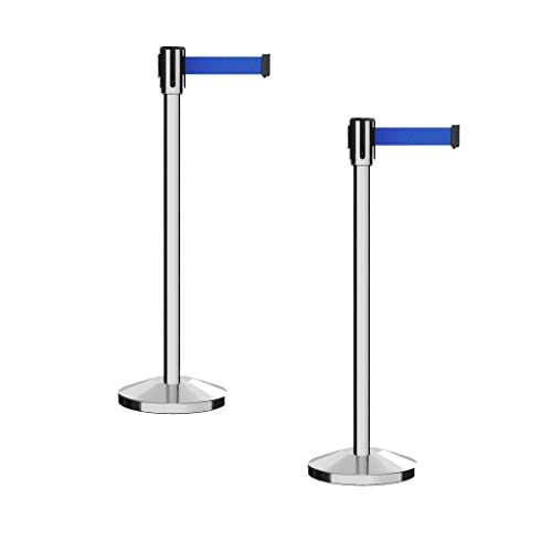 Montour Line M530 Set of 2 Retractable Belt Barrier Stanchion, Sloped Base, Polished Stainless Steel Post (7.5 ft Blue Belt) - color: Blue, size: 7.5 ft