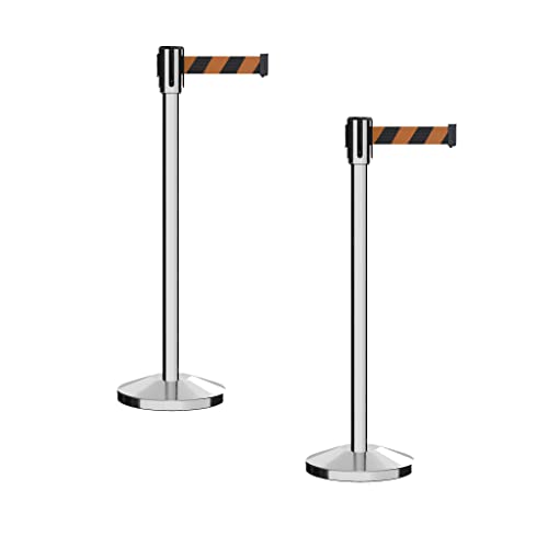 Montour Line M530 Set of 2 Retractable Belt Barrier Stanchion, Sloped Base, Polished Stainless Steel Post (7.5 ft Black and Orange Diagonal Belt) - color: Black and Orange Diagonal, size: 7.5 ft