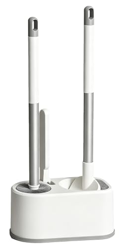 Basaza Toilet Bowl Brush and Holder White Toilet Brush and Holder Set Toilet Scrubber for Bathroom Hidden Toilet Cleaner Brushes Floor-Standing or Wall-Mounted - color: #Ab White 3 in 1 Toilet Brush and Holder Set
