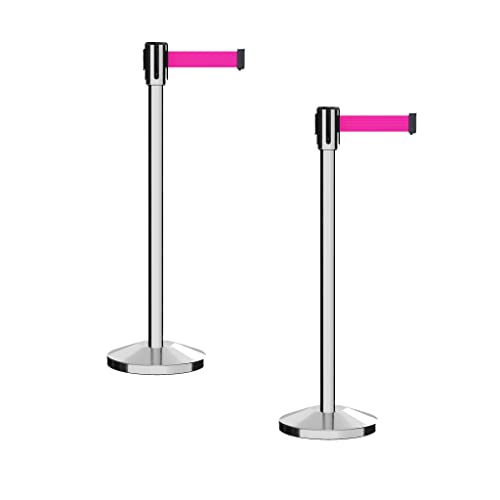 Montour Line M530 Set of 2 Retractable Belt Barrier Stanchion, Sloped Base, Polished Stainless Steel Post (7.5 ft Fluorescent Pink Belt) - color: Fluorescent Pink, size: 7.5 ft