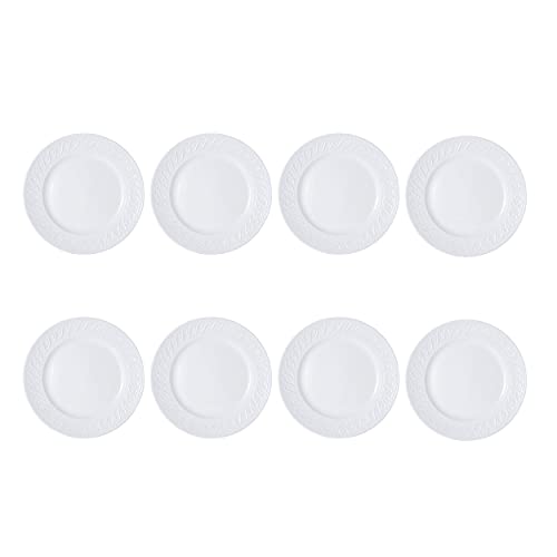 Pfaltzgraff Sylvia Dinnerware Set 32-Piece Service for 8 - White Porcelain Dinner Plates, Salad Plates, Soup Bowls and Mugs with Embossed Scrollwork