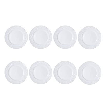 Pfaltzgraff Sylvia Dinnerware Set 32-Piece Service for 8 - White Porcelain Dinner Plates, Salad Plates, Soup Bowls and Mugs with Embossed Scrollwork