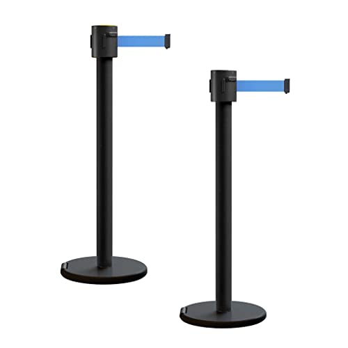 Montour Line ME760 2 Retractable Barrier Stanchions, 35 Ft Light Blue Belt - color: Light Blue, size: Black Powder Coated