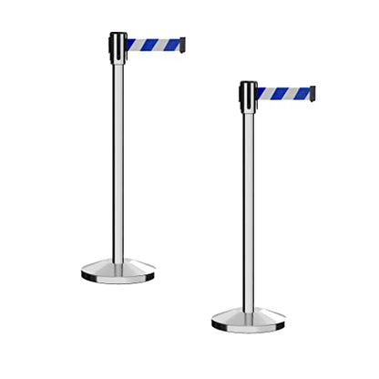 Montour Line M530 Set of 2 Retractable Belt Barrier Stanchion, Sloped Base, Polished Stainless Steel Post (7.5 ft Blue and White Diagonal Belt) - color: Blue and White Diagonal, size: 7.5 ft
