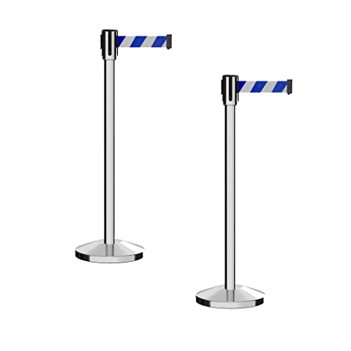 Montour Line M530 Set of 2 Retractable Belt Barrier Stanchion, Sloped Base, Polished Stainless Steel Post (7.5 ft Blue and White Diagonal Belt) - color: Blue and White Diagonal, size: 7.5 ft