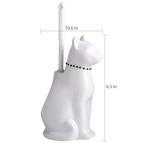 Cat Toilet Brush Holder - Ceramic Whimsical Feline Design with Wide-Mouth Storage, Black Toilet Bowl Brush and Holder Set Cute for Bathroom Ground, Easy-Clean Cat Lover Gift (White)