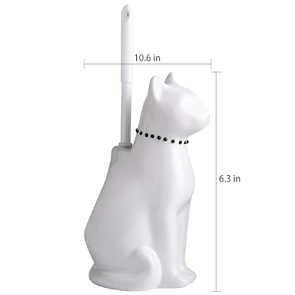 Cat Toilet Brush Holder - Ceramic Whimsical Feline Design with Wide-Mouth Storage, Black Toilet Bowl Brush and Holder Set Cute for Bathroom Ground, Easy-Clean Cat Lover Gift (White)