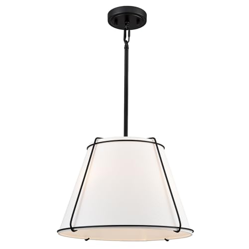 Modern 3-Light 16" Black Pendant Light White Linen Drum Adjustable - color: Black