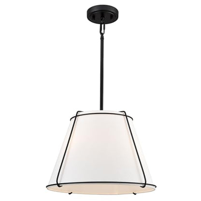 Modern 3-Light 16" Black Pendant Light White Linen Drum Adjustable - color: Black