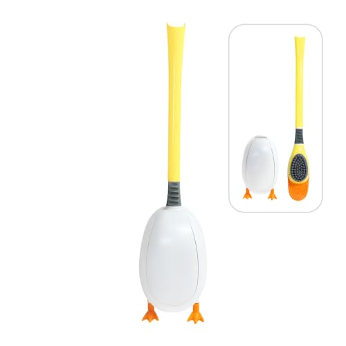 Duck-Shaped Toilet Brush Set – Flat Silicone Brush Head with Side Bristles for Deep Cleaning, Non-Stick, Hidden Plunger, Wall-Mount Holder(Yellow) - color: Yellow