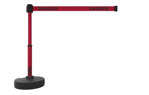 Banner Stakes Crowd Control Plus 15' Retractable Belt Barrier Stanchion Set X1 - Red Double-Sided "Danger" Banner, 22"-42" Plastic Telescoping Post, Water/Sand Fillable Base (PL4164)