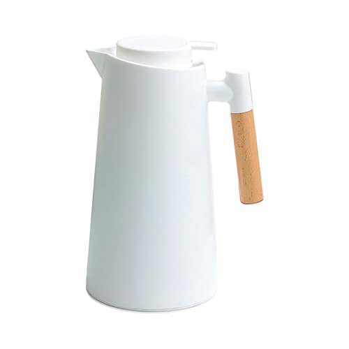 1L Thermal Carafe Double Walled Vacuum Coffee Pot Thermal Pot with Wood Handle Water Kettle Insulated Flask Tea Carafe Keeping Hot Cold (White) - color: White
