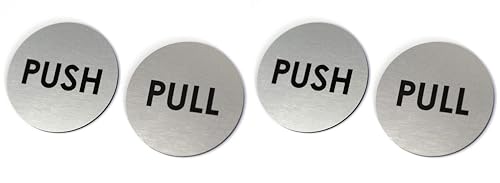 Brushed Silver Push Pull Door Signs | Set of 2 | 2" Round - Laser Engraved Acrylic | Indoor & Outdoor Signage | 3M Adhesive on Back of Sign | Ready to Hang (Pack of 2) - size: 2" Diameter (Pack of 2)